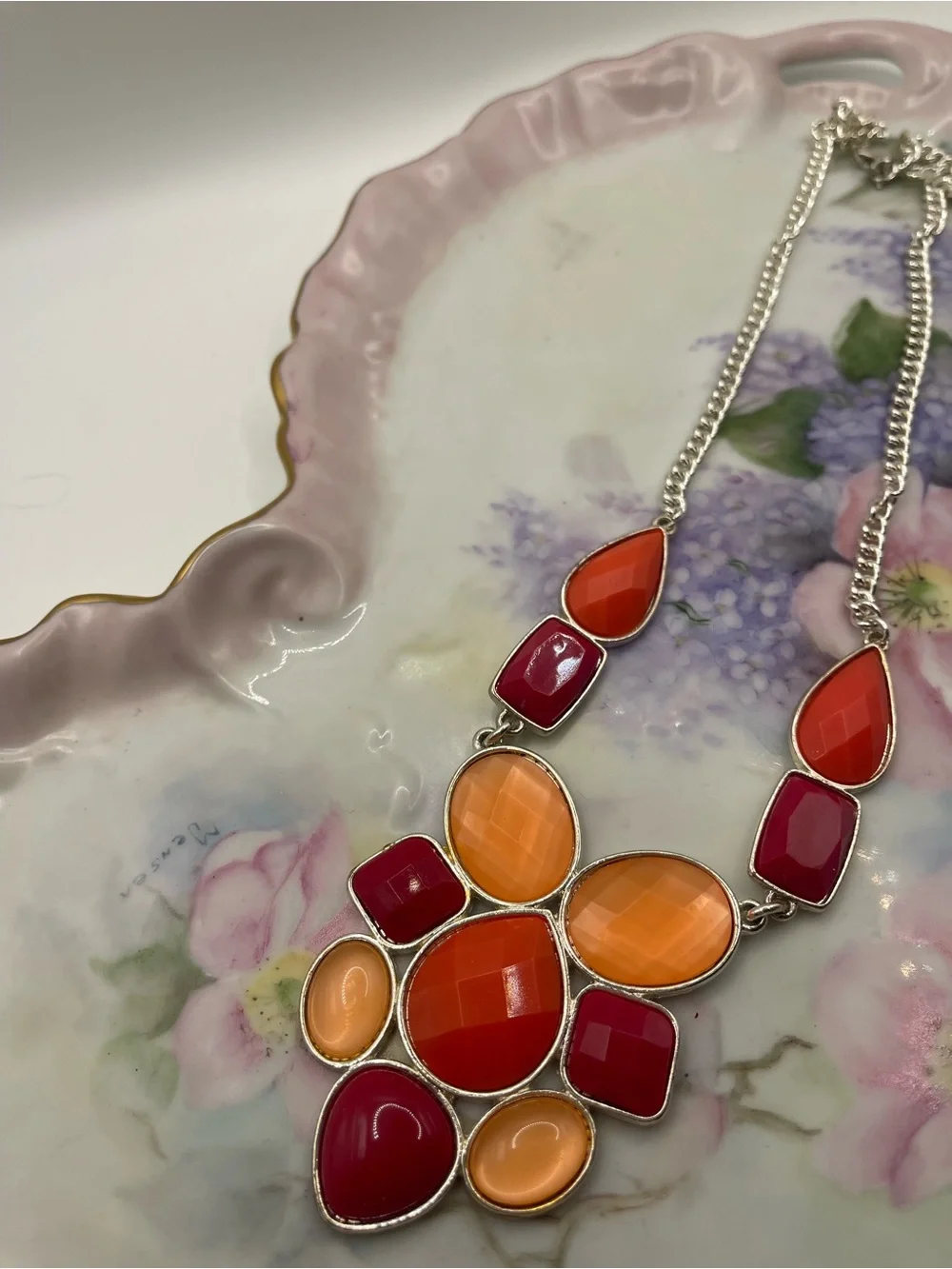 Statement Orange & Pink Gemstone Pendant Necklace -‎ Women's Fashion Jewelry